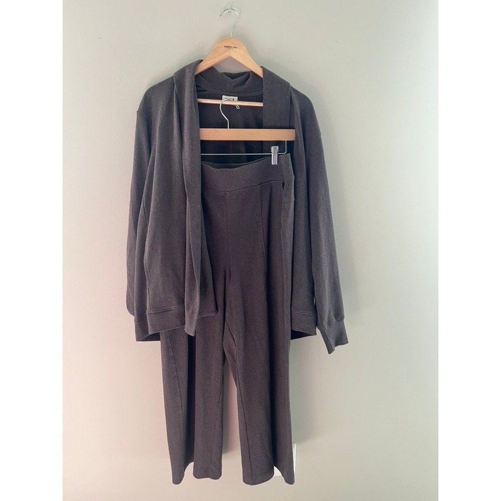 Pact Organic Cotton Cardigan and Airplane Pintuck Wide Leg Pant Set brown M